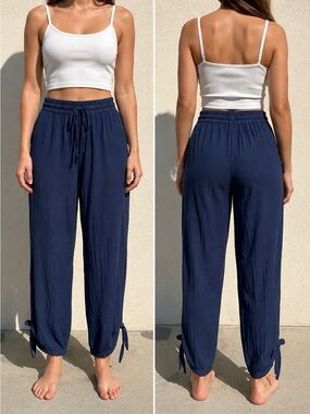 JW Style Large L M Medium Navy Blue viscose Pants Tie Cropped